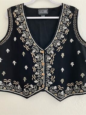 Rachel Brooke 2X Black Embroidered Vest Boho Western Floral Button Front Y2K